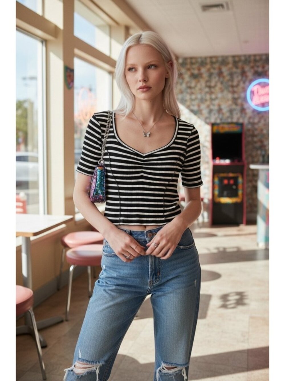 Desigual Black White Striped Ribbed Sweetheart Neck Top Size L Casual Stretch
